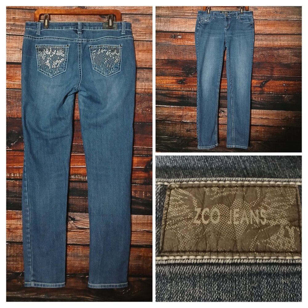 ZCO Jeans 13 Vintage Y2K Embellished Sequin Slim Straight Mid Rise Blue Denim